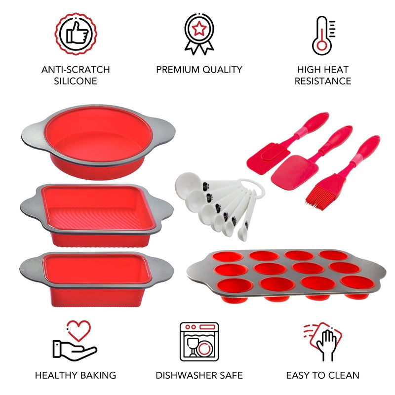 Boxiki Kitchen 13-Piece Non-Stick Silicone Bakeware Set with Cake Pan, Brownie Pan, Loaf Pan, Muffin Mold, Spatulas, Brush, and Measuring Spoons - Oven, Freezer and Dishwasher Safe - Image 4
